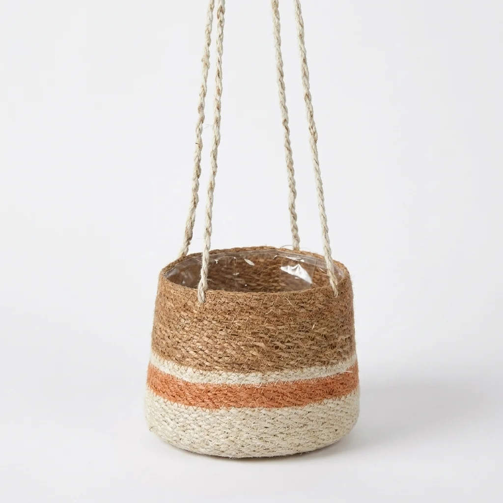 Hanging Seagrass Plant Pot 20cm | Striped Terracotta Basket Planter