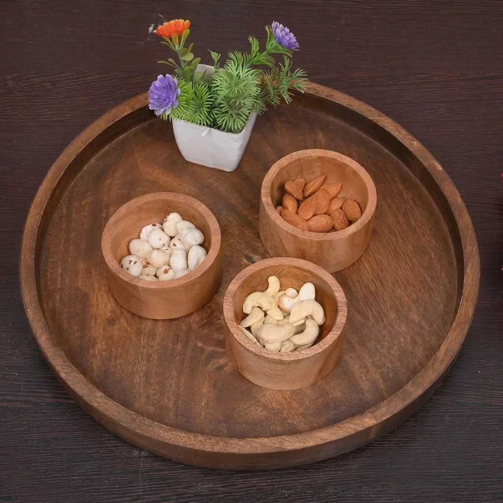 EDHAS Round Wooden Decorative Tray | 12 Inch Mango Wood Tray thumbnail 3