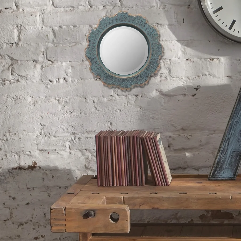 Stonebriar Round Metal Lace Wall Mirror | Turquoise 12.5 Inch thumbnail 4