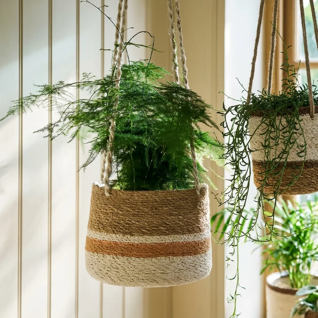 Hanging Seagrass Plant Pot 20cm | Striped Terracotta Basket Planter thumbnail 2
