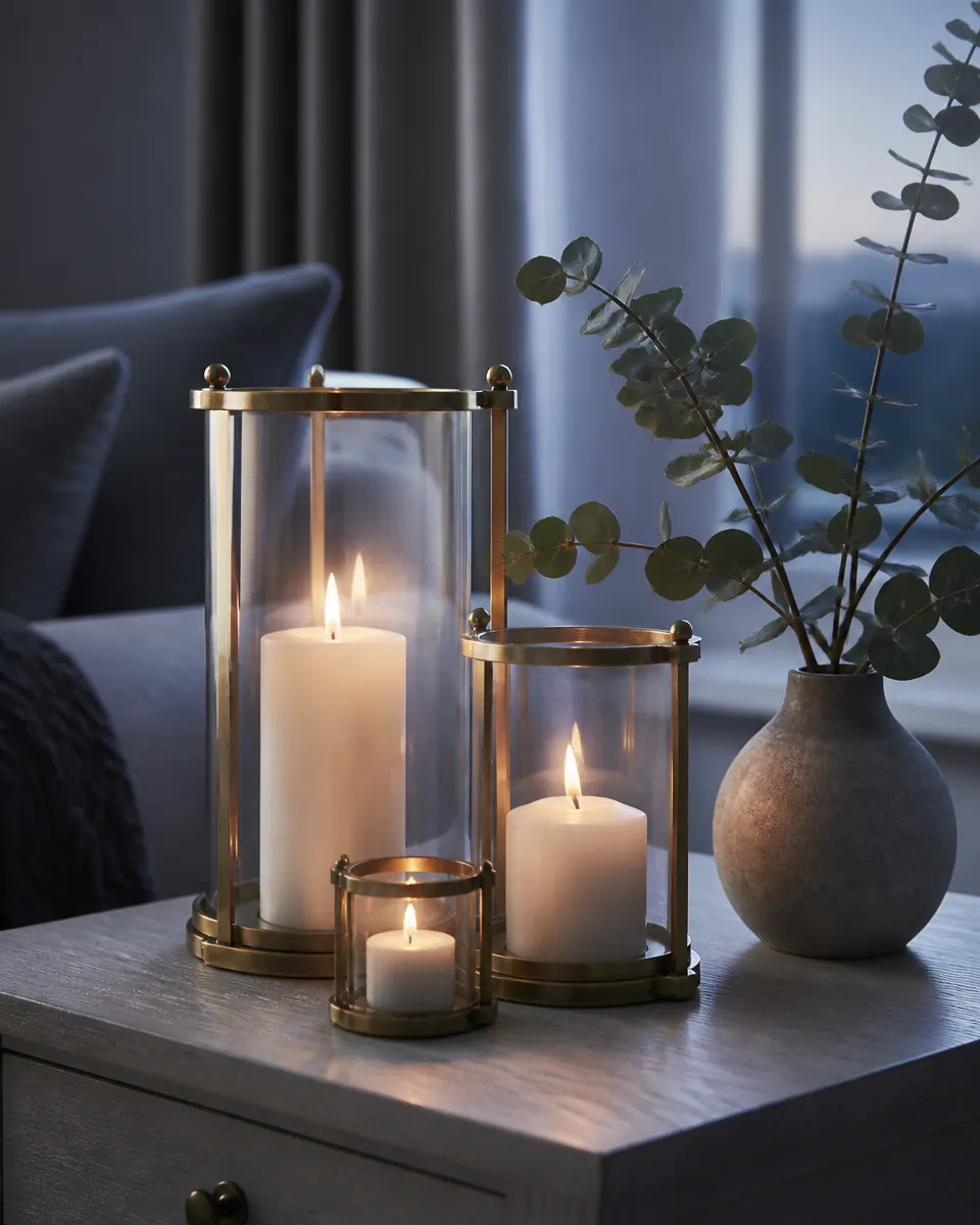 Brass and glass hurricane candle holders with white pillar candles glowing on a pale ash side table at dusk, eucalyptus in a stone vase beside
