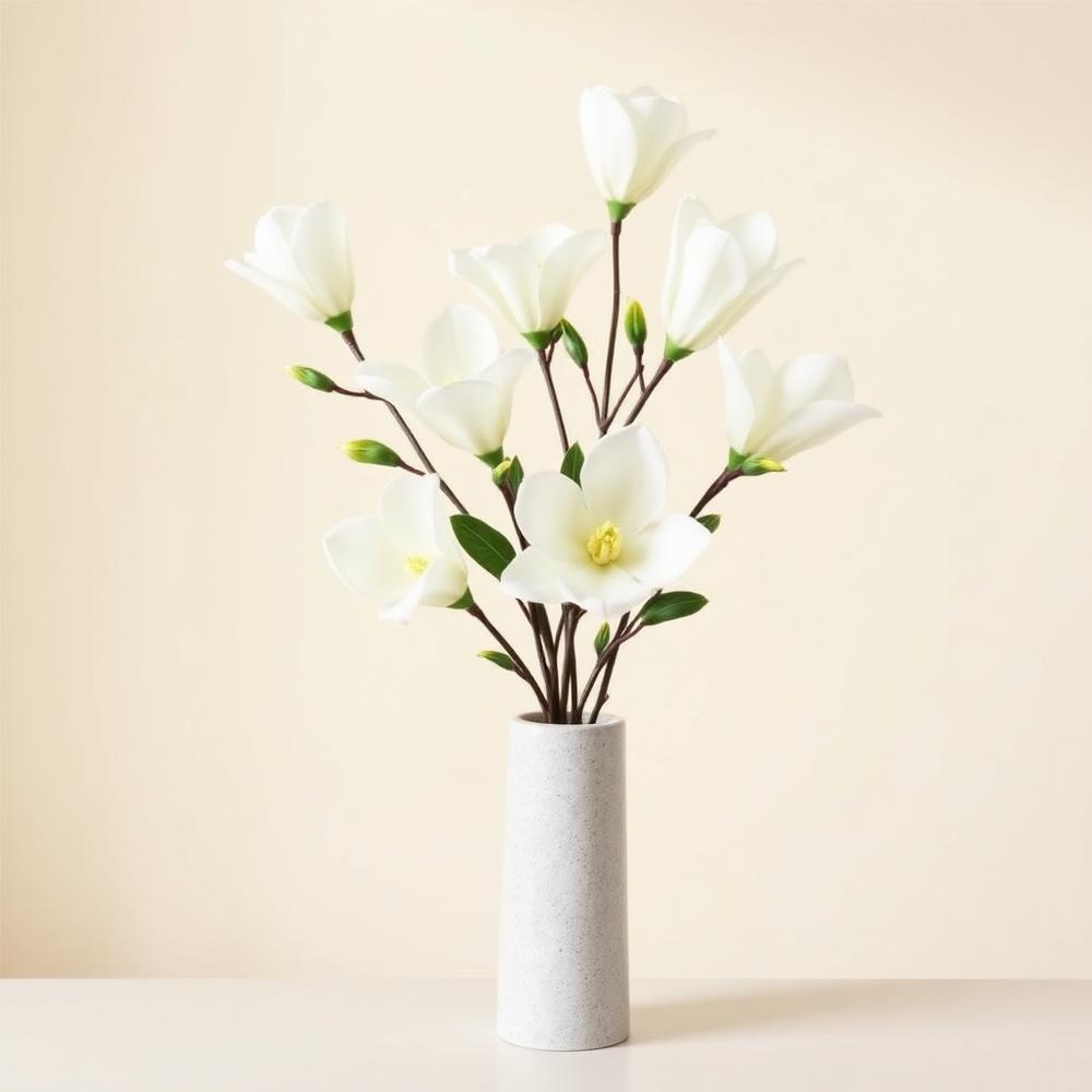 Artificial white magnolia stems arranged in a slim stone vase