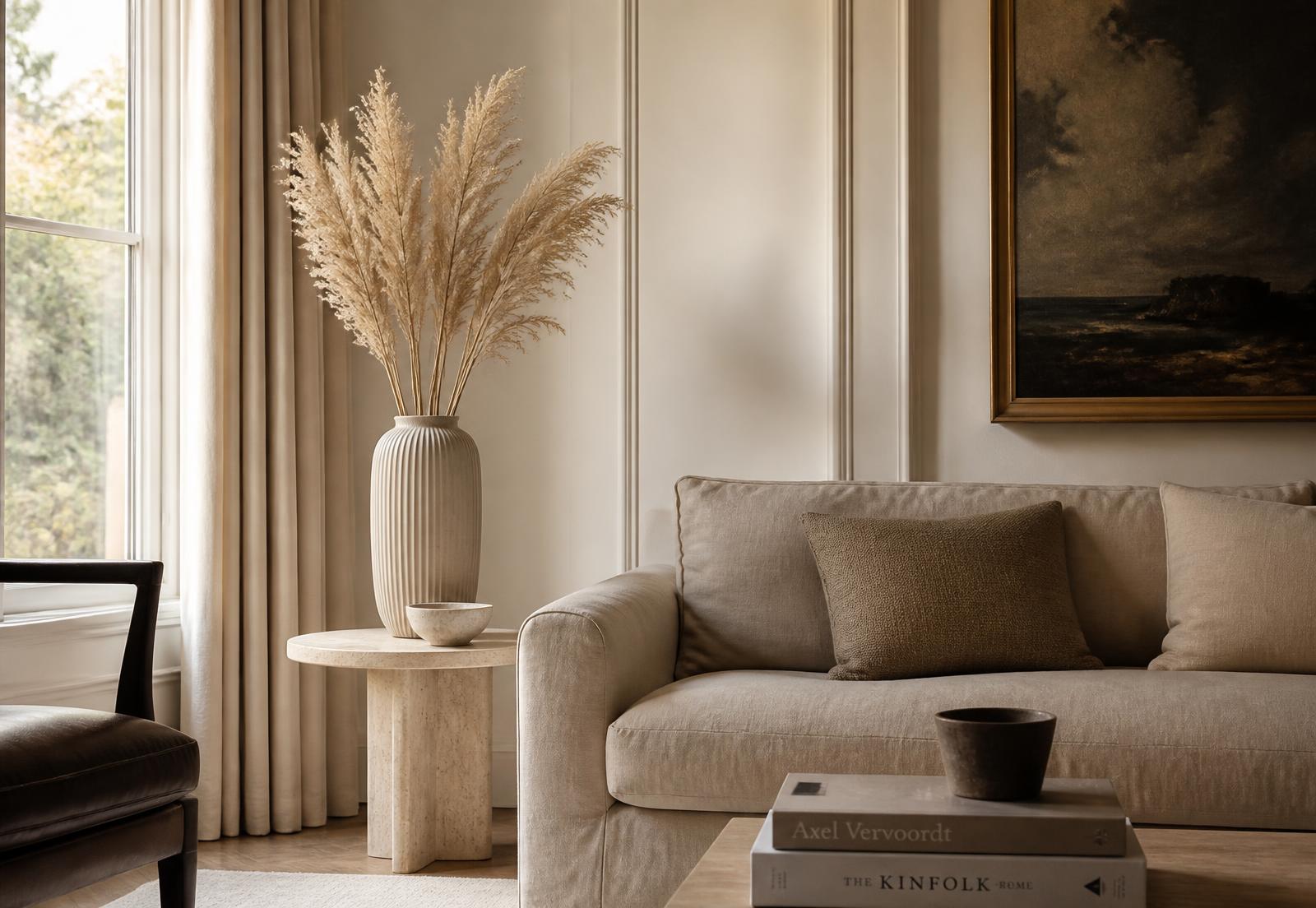 A cream British living room styled with Gartenia décor and a ribbed ceramic vase