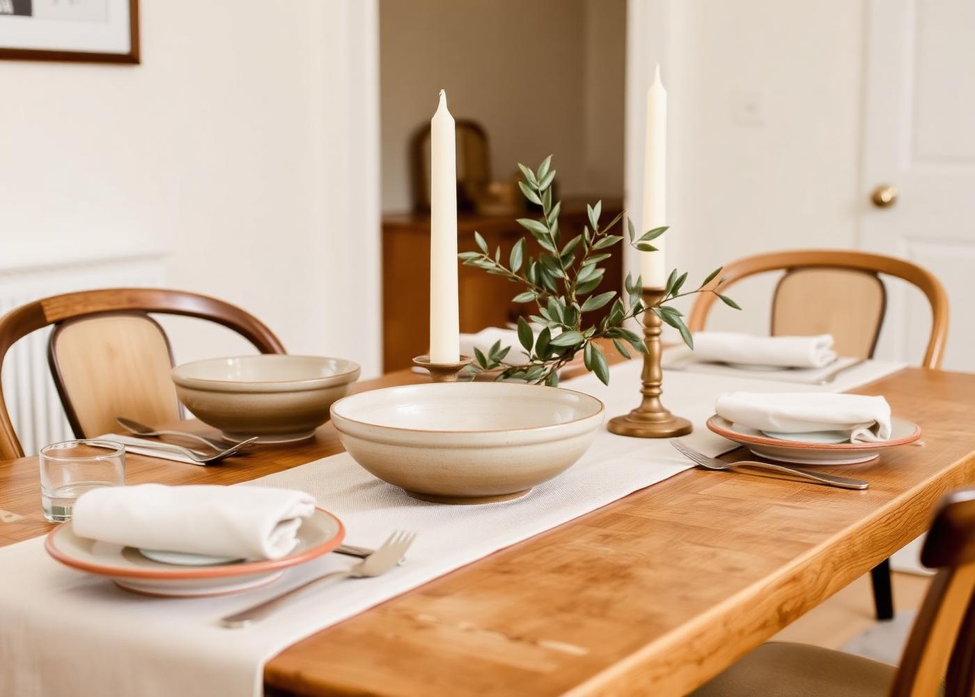 Neutral dining table styled with ceramic bowls, ivory tapers and olive branches