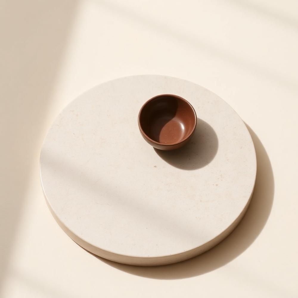Round travertine stone decorative tray with a small ceramic bowl